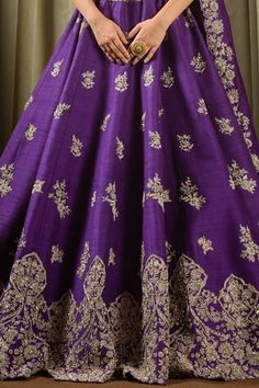 Purple can can attached lehenga featuring zardozi embroidered floral jaal motifs, embellished by sequins. Comes with embellished padded blouse and scalloped border dupatta. - Aza Fashions Scalloped Border, Padded Blouse, Embroidered Silk, Raw Silk, Set For Women, Aza Fashion, Lehenga, Sequin, Silk