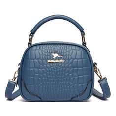 Color: Blue Blue Leather Shoulder Bag With Crocodile Pattern, Round Shape Design, Lattice Pattern, Designer Bag, Shape Design, Blue Bags, Kate Spade Crossbody, Leather Material, Luxury Handbags