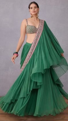 Ruffled Saree, Ruffle Saree, Green Lehenga, Ready To Wear Saree, Green Saree, Lehenga Saree, Party Wear Indian Dresses, Dress Indian Style, Indian Designer Outfits