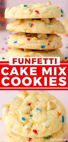 funfetti cake mix cookies stacked on top of each other