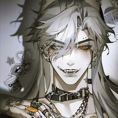 an anime character with white hair and piercings on his chest, wearing chains around his neck