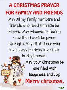 a christmas prayer for family and friends with a snowman in the middle of it