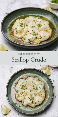 scallop crudo in a bowl with lemon wedges on the side