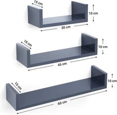 two gray shelves are shown with measurements for each shelf in the same size and width