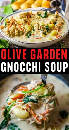 two pictures with different types of food in them and the words olive garden gnocchi soup