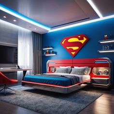 a superman themed bedroom with blue walls and red accents