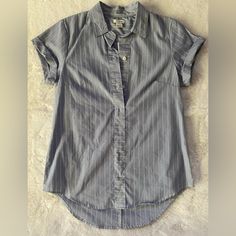 Brand New Button-Up Top With White And Blue Pinstripe. Business Casual. Everyday Striped Buttoned Tops, Striped Tops With Buttons, Everyday Striped Tops With Buttons, Casual Pinstripe Tops With Button Closure, Denim Shirt With Jeans, Leopard Print Shirt, Women's Button Down Shirt, Popover Shirt, Floral Print Shirt