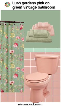 a pink toilet sitting next to a green shower curtain