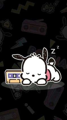 a sticker with an image of a bunny sleeping next to a tape recorder on a black background