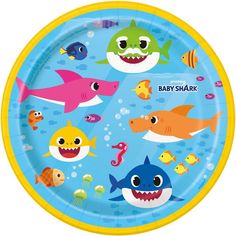 a blue and yellow paper plate with different types of sharks on the front, including baby shark