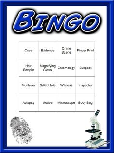 a poster with an image of a microscope and the words bingo in blue on it