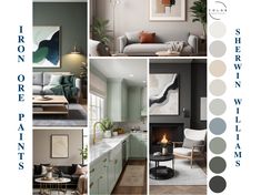 a collage of living room, kitchen and dining rooms with different color scheme for the walls