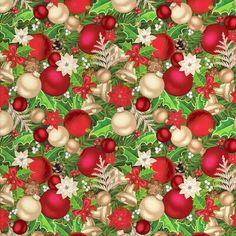 christmas ornaments and holly leaves on a green background with red, white and gold baubles