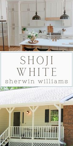 a white kitchen with the words shoi white sherwin williams on top and below