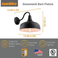 the sunlite gooseneck barn fixture is shown with measurements