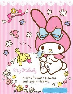 an image of a hello kitty with flowers on it's back and the words, my melody