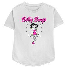 Boop-oop-a-doop! Celebrate your love for the iconic 1930s animated character Betty Boop with fun new officially licensed apparel for the whole family! This Betty Boop Neon Pink Women's Relaxed Fit Graphic T-Shirt features the sweet Betty Boop wearing a neon pink dress while standing in front of a simple black circle, along with her name printed in matching lettering above her. Get some Betty Boop styles today and create some memories with America's first bombshell! Retro T-shirt With Cartoon Print For Disney Fans, Retro T-shirt With Disney Character Print For Fan Events, Retro Cartoon Print Tops For Disney Fan Events, Neon Pink Dress, Neon Pink Dresses, Black Circle, Sleeve Packaging, Pink T Shirt, Graphic Tee Design