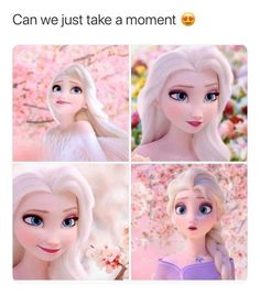 the faces of frozen princesses and their expressions are shown in four different pictures, each with