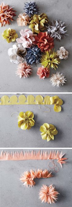 several different types of paper flowers are arranged on the floor and placed next to each other