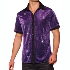 This stylish short-sleeved button-down shirt features a sheer mesh design with a shiny pattern that exudes charm and fashion. The see-through quality adds a touch of charm, making it a perfect choice for various occasions such as weddings, clubbing, or late-night outings. Pair this unique shirt with sleek leather pants to elevate your look. Unlike ordinary shirts, the contrasting color design of this shiny shirt adds a fashionable twist to your ensemble. Get this trend of metallic shirts as they Fearless Tour, Purple Disco, Mardi Gras Outfits, Glitter Shirt, Mesh Shirt, Stylish Party, Charm Making, Unique Shirt, Mesh Design