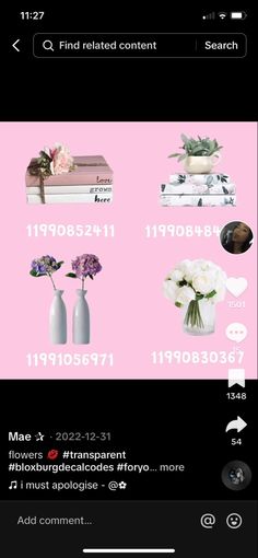 a pink background with flowers in vases and other things on it, including the numbers