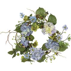 a wreath with blue flowers and green leaves