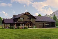 this is an artist's rendering of a house in the country side with mountains in the background