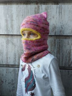 "Kids Balaclava Face mask, Cat Ears balaclava, Wool Kids balaclava, Warm winter hat scarf, Toddler Girls Balaclava, Toddler boys balaclava Incredibly cute and comfortable children's balaclava. Knitted from the highest quality 100% merino wool. The two knitted layers of the balaclava will keep your child warm and comfortable.  The top layer is bright and multi-colored, the bottom layer is plain. The window of the balaclava is decorated with a border of the same color as the inner layer. Cute ears Multicolor Winter Balaclava For Outdoor Use, Pink Full Face Balaclava For Winter, Balaclava Wool, Cat Balaclava, Balaclava Knitted, Mask Cat, Wool Mittens, Warm Winter Hats, Rosé Brown