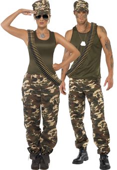 a man and woman in army fatigues posing for the camera with their hands on their hips