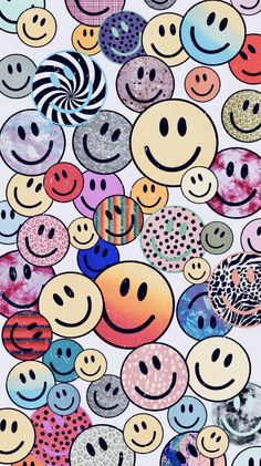 many different colored smiley faces on a white background with multicolored circles and dots