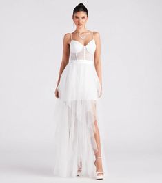 Dial up your inner bombshell in the ravishing Ashlie formal dress to make a dramatic entrance as a sexy bride or a black-tie gala guest! She features a sleeveless sweetheart neck, adjustable spaghetti straps, a sheer lace corset bodice, short skirt lining, sassy sheer mesh ruffled overlay and a high side slit design. Bachelorette Las Vegas, Corset Ruffle Dress, Long Hoco Dresses, Wedding Lace Dress, Short Skater Dress, Flowy Dress Long, Mermaid Style Dress, Prom Dress Shoes, Formal Dresses With Sleeves