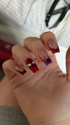 spider man themed nails Spiderman Nail Art, Themed Nails, Retro Nails, Cute Acrylic Nail Designs