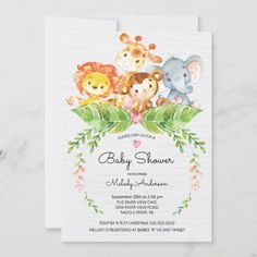 a baby shower with animals and leaves on the front, in white paper that says sweet safari jungle baby shower