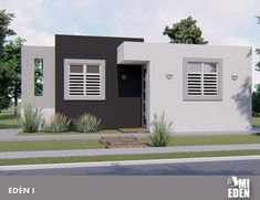 an artist's rendering of a small house with shutters