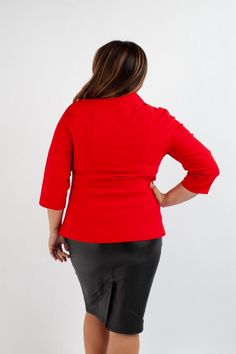 3/4 Sleeve Millennium Plus Size Blazer in solid Red Collared, single-breasted jacket with 2 buttons Materials: 74% rayon, 22% nylon 4% spandex Great for office wear, business, or business casual Pair with the Abstract Black & White Jumpsuit and red or black heels for a stylish brunch look with the girls. The faux leather, Millennium Pencil Skirt is also available. Stretch Blazer With Notch Lapel For Office Wear, Stretch Notch Lapel Blazer For Office, Stretch Blazer For Business Casual, Office Outerwear With Stretch And Notch Lapel, Fitted Red Blazer For Office Wear, Red Long Sleeve Outerwear For Office, Elegant Red Outerwear For Business Casual, Tailored Red Blazer For Office Wear, Fitted V-neck Blazer For Work