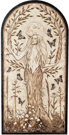 an intricately decorated wooden plaque with a woman surrounded by butterflies