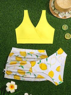 SHEIN Teen Girl Lemon Print Bikini Swimsuit With Beach Skirt | SHEIN USA Hawaii Tropical, Beach Skirt, Lemon Print, Clothes