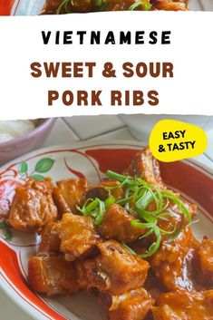 the cover of vietnamese sweet and sour pork ribs is shown on a red and white plate