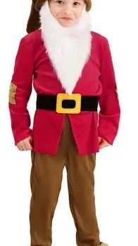 a little boy dressed in a red and brown santa claus suit with a hat on his head