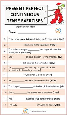 the present perfect continuous tense worksheet is shown in red and white, with an image of a man on skis