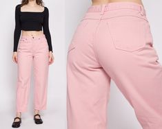 "Vintage 80s/90s blush pink high waisted tapered leg mom jeans by Newport News.  Measurements and Condition: Fits like: Petite medium Fabric: Feels like cotton denim Brand: Newport News Jeanology Collection Condition: Very good, with a tiny light brown spot on the front of the left thigh, a ¾\" speckled yellow spot on the lower front of the left leg, and a ½\" frayed section at the edge of the fabric on the lower back rise seam (doesn't affect wearability). Waist: 28.5\" Hips: 38\" - taken at th 90s Pink Straight Leg Bottoms, 90s Style Pink Cotton Jeans, Vintage Pink Jeans For Spring, Vintage Pink Straight Leg Jeans, 90s High Waist Pink Bottoms, High Waist Pink 90s Bottoms, Pink High Waist 90s Bottoms, Vintage Pink Cotton Jeans, 90s Spring Pants With Tapered Leg