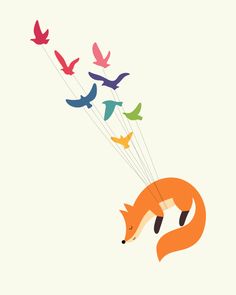 an orange fox flying with colorful birds on it's back and the tail is in the air