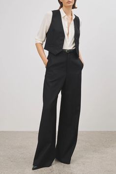 Classic short tailored vest. Front and back darts. Welt pockets. Fully lined. Made in USA Andro Formal Wear, Masc Lesbian Wedding Guest Attire, Tailored Pants Aesthetic, Women Suit Masculine, Cocktail Attire Pant Suit For Women, Masculine Tailoring Women, Woman In Vest Suit, Tomboy Style For Wedding, Formal Queer Outfits