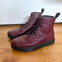 Dr. Martens Disc 8-Tie Burgundy Pebbled Leather Combat Lace-Up Boots In Women’s Size 7. Previously Owned But In Very Good Condition. These Boots Have Unique Gun Metal Lace Up Detailing. Feel Free To Ask Me Any Questions! Shoes Dr Martens, Leather Combat Boots, Metal Lace, Dr Martens Shoes, Martens Shoes, Lace Up Boots, Pebbled Leather, Shoe Laces, Combat Boots