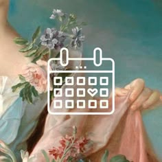 a painting of a woman holding a bouquet of flowers and a calendar on her chest