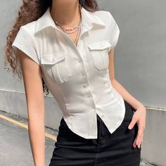 White Short Sleeve Women's Shirt Uniform Shirts, Short Sleeve Shirt Women, Pocket Shirt, Solid Clothes, Crop Blouse, Mode Inspiration, Short Sleeve Blouse, Look Fashion, Aesthetic Clothes