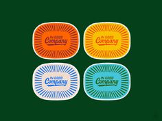 four circular stickers with the words in good company on them, all different colors