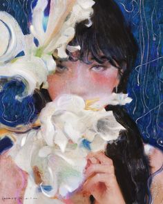 a painting of a woman with flowers in her hair, holding a white flower to her face