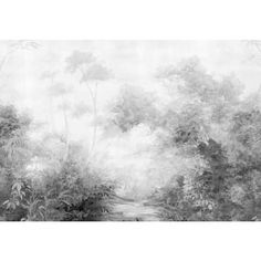 black and white painting of trees in the forest with foggy sky behind it,