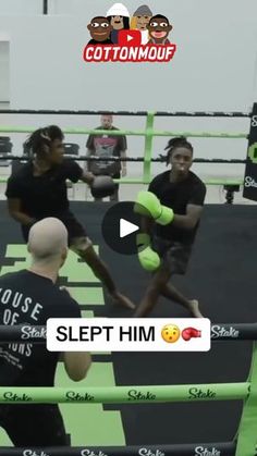 a group of people in a boxing ring playing with tennis balls and talking to each other